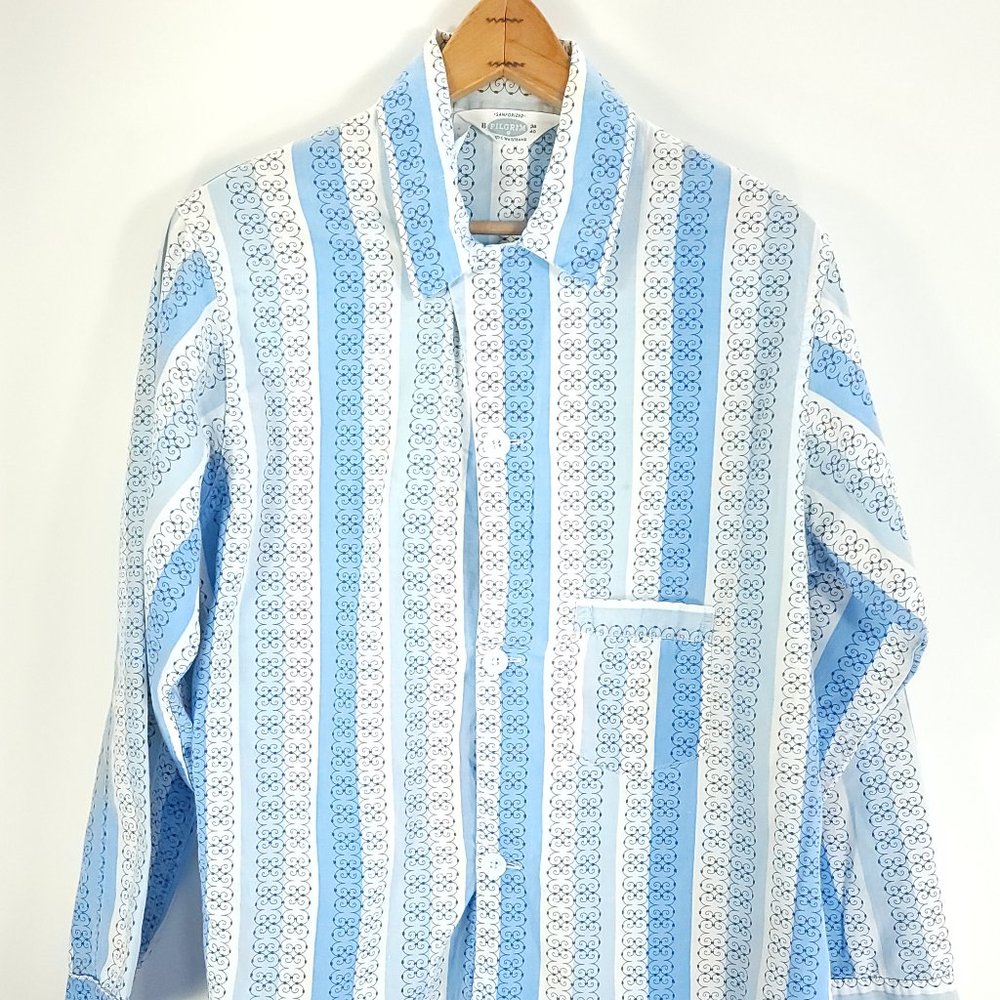 Vtg Pilgrim Pajama Shirt Men's 38 40 Sanforized Blue White Button Front
